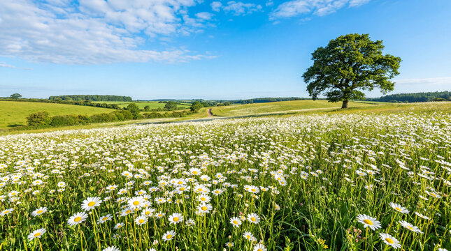 White Daisy Meadow with Lone Tree Under Sunny Blue Sky Background