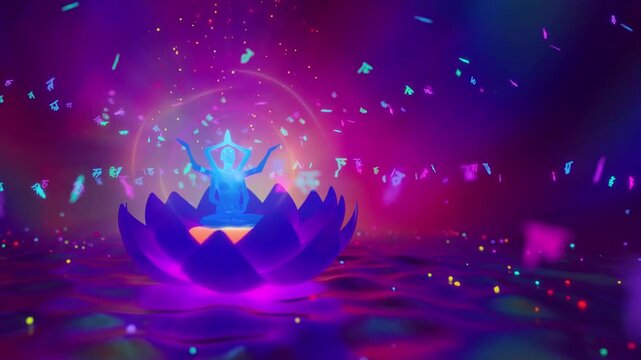 3d animation of a goddess sitting on a lotus in astral space	