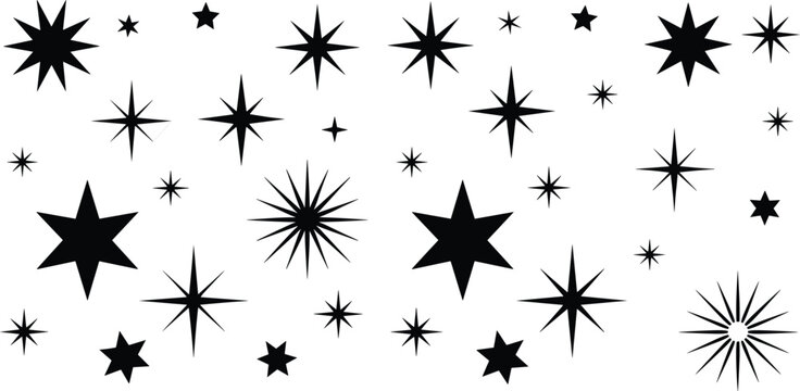 Collection of black star silhouettes in various styles and sizes for decorative pattern design celestial night sky and festive holiday graphics