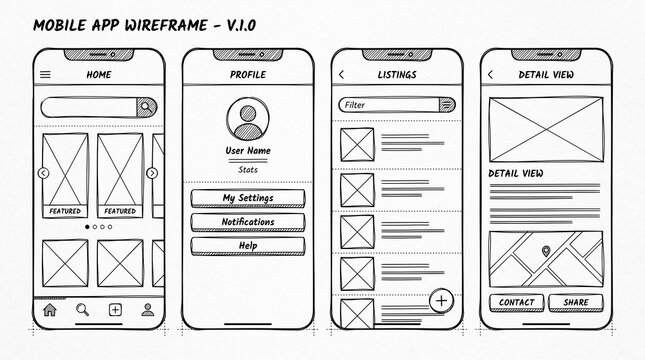 Mobile app user interface wireframe design with responsive layout, app development icons, and smartphone UX mockup