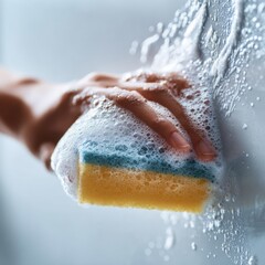 Fototapeta premium Person scrubbing a tiled wall with a yellow and blue sponge covered in soap foam during cleaning routine at home or workspace maintenance task