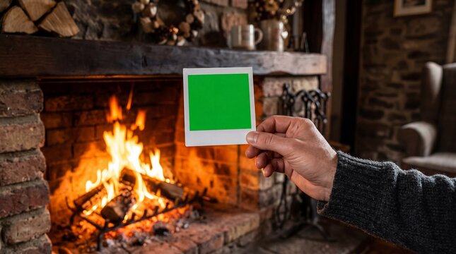 Hand holding green screen frame in front of warm fireplace interior