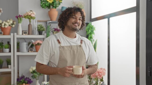 Man florist holding cup with both hands, smiling softly and wearing beige apron in a shop building; quiet contentment.
