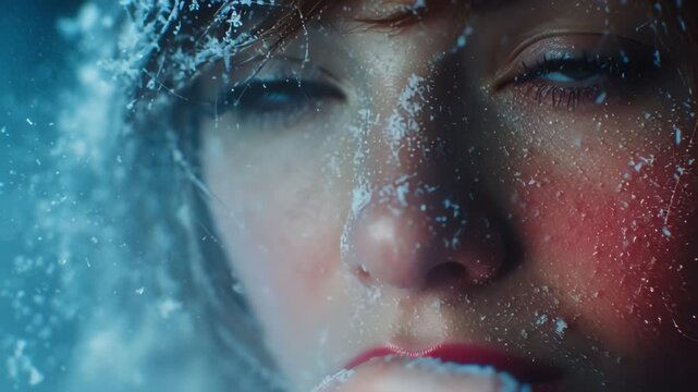 Close-up of a young woman's face covered in white snow and frost, blue eyes, cold winter scene
