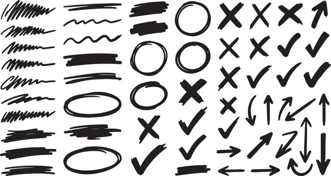 Hand drawn collection of check marks x marks circles arrows and lines on white background icon