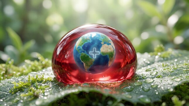 Earth protected with a red capsule on a green leaf