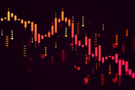 Abstract financial market chart with red downward candlesticks and arrows symbolizing global crisis impact on economy and investment decline. 3D Rendering