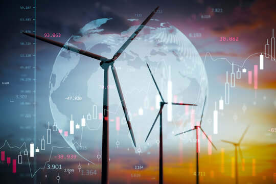 Wind turbines with global data overlay and financial charts illustrating sustainable green energy trends at sunset background. 3D Rendering