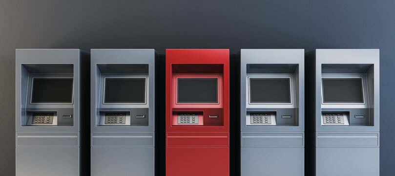 Row of modern atm machines with one red unit centered for design mockup on clean background used for branding, technology display, and business promotion. 3D Rendering
