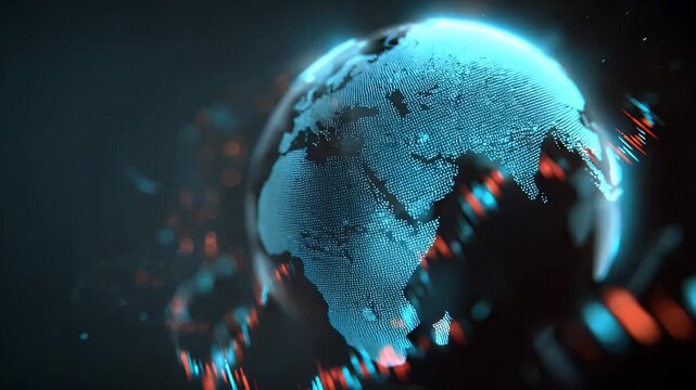 Abstract digital globe with glowing financial market charts and trading graphs representing global economy connectivity world business data analytics motion networking technology visualization.