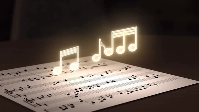 Slow motion close up of glowing musical notes rising and floating above sheet music on wooden table in dim indoor lighting
