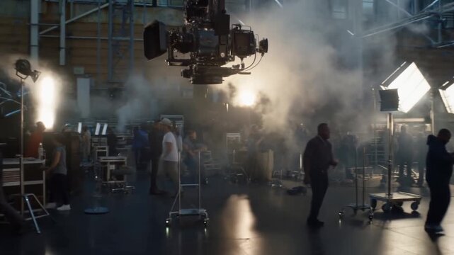 Tracking shot of actor yelling amid busy film production set inside industrial soundstage with lighting rigs and crew