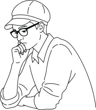 Thoughtful man wearing glasses and cap in silhouette, contemplating idea or making decision.