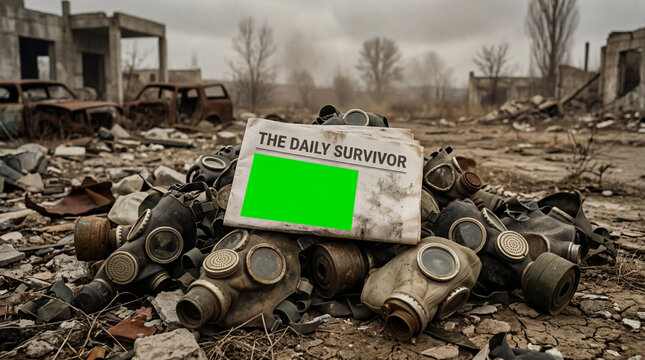 Apocalyptic survivor newspaper with gas masks on ruins background.