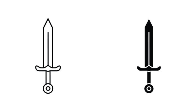 Minimalist sword icon set in line art and solid black silhouette styles for fantasy game design and medieval weapon graphics