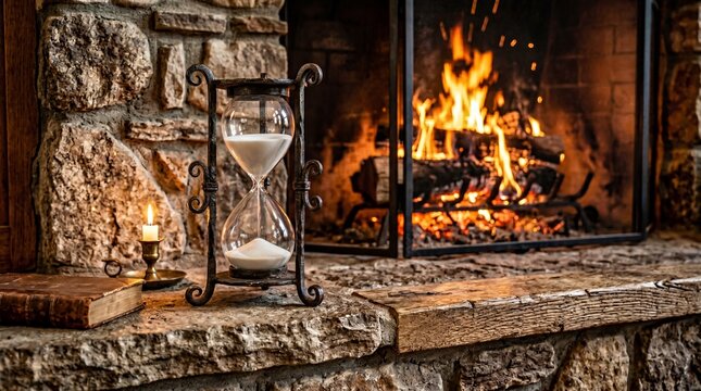 Antique Hourglass and Old Book by a Warm Cozy Fireplace in Winter