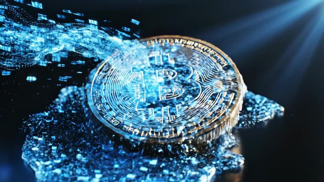 Fintech digital coin data flow blue technology currency ledger futuristic gold coin dark surface with blue data stream evoking innovation and digital