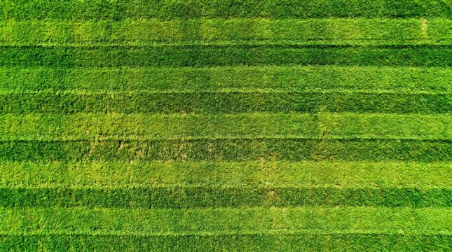Aerial view of mown green grass field with bright parallel lines, professional lawn care and stadium turf maintenance concept, industrial landscaping and gardening background texture