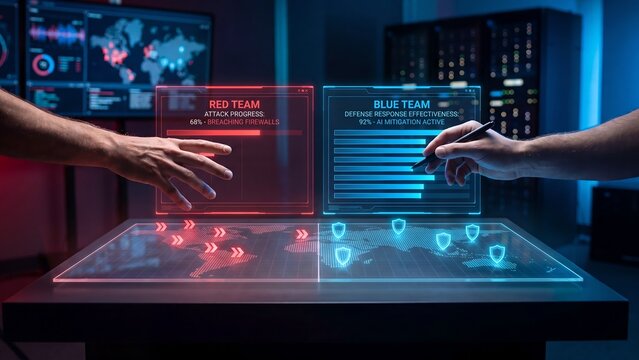 Hands interact with a futuristic holographic map, visualizing a high-stakes cybersecurity conflict between red and blue teams for strategic data defense and attack