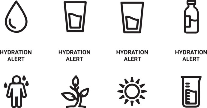 Hydration alert symbols drink water reminders icons set Vector