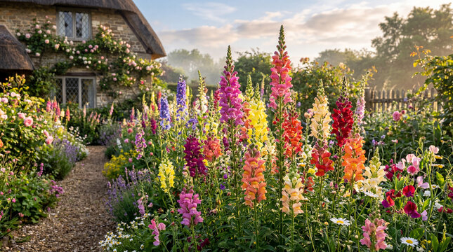 Beautiful English Country Cottage Garden with Colorful Snapdragon Flowers