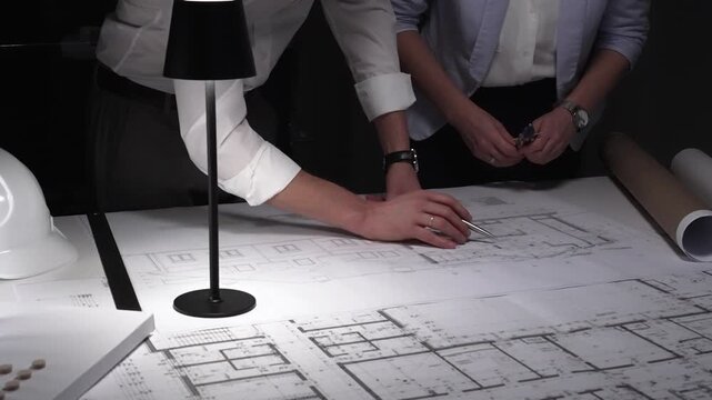 Architects and engineers collaborating on building blueprints using drawing tools at night, planning new projects.