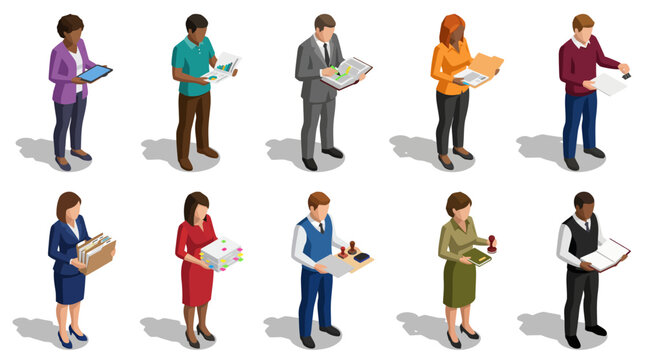 Legal and paralegal support staff performing office documentation tasks | isometric character collection for business administration workflow