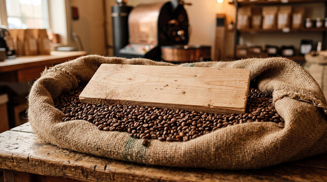 Wooden board mockup on coffee beans sack in roasting house factory