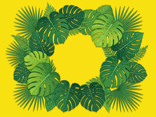 Tropical Green Leaves Frame on Yellow Background - Circular Monstera and Palm Leaf Border for Summer Greeting Card or Social Media © abil