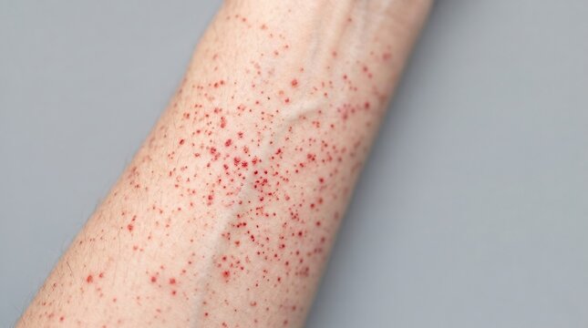 Multiple small petechiae and purpura spots on forearm indicating vascular skin condition