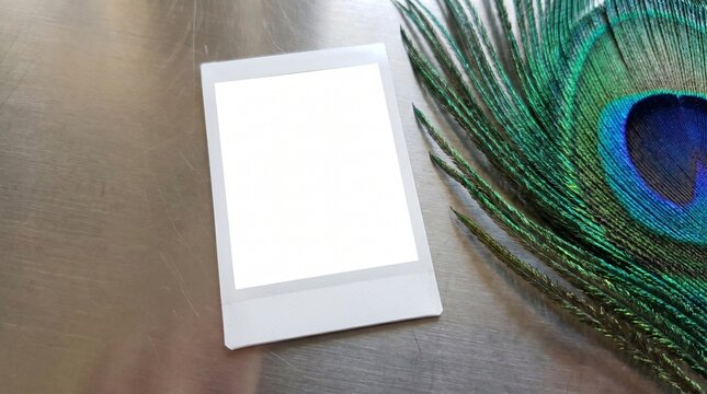 Blank instant film frame with peacock feather on metal background
