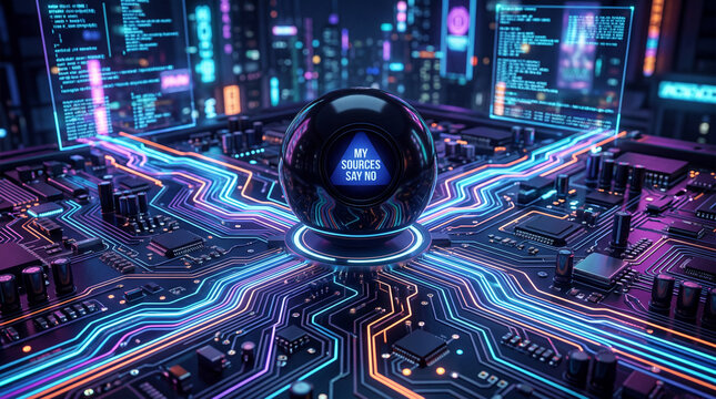 AI Oracle Sphere on Futuristic Circuit Board with Neon City Backdrop