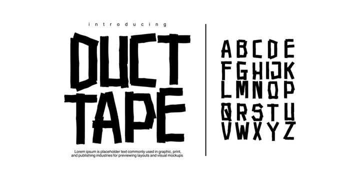 Duct Tape: A raw industrial display font. Handmade tape aesthetic for street posters, DIY zines, and edgy urban branding.