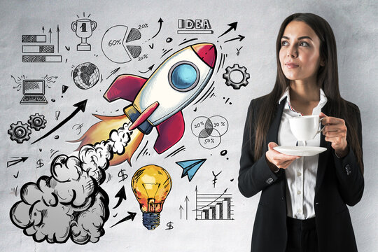 Businesswoman with coffee looking at rocket sketch surrounded by doodles of growth, ideas, charts, startup symbols on light background.