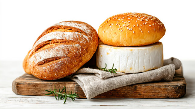 Artisan bread and brie cheese on rustic wooden board with rosemary garnish