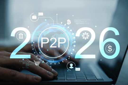 P2P financial technology concept with 2026 digital hologram over hands typing on laptop, showcasing futuristic peer‑to‑peer money transaction system.