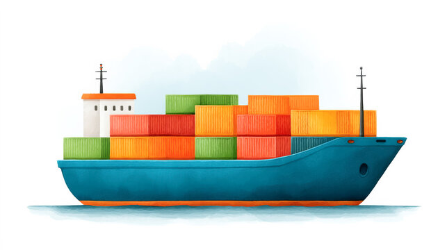 Colorful cargo ship with shipping containers on calm water