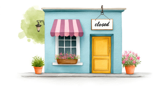 Charming closed boutique with yellow door and striped awning