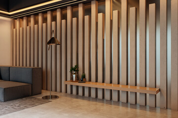 Fototapeta premium Modern interior lounge with wooden slat wall, minimalist bench, soft lighting and refined contemporary design in a warm indoors setting. 3D Rendering