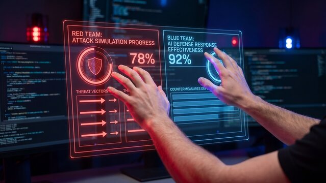 Cyber security expert analyzing attack simulation progress and defense effectiveness on futuristic holographic interface