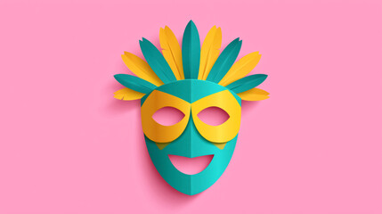 Obraz premium Colorful carnival mask with yellow and green feathers on pink background