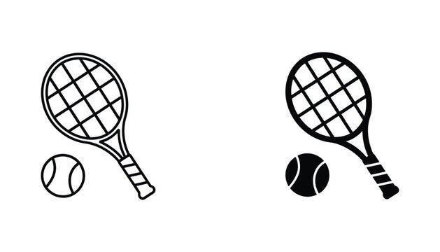 Tennis racket and ball icon set featuring minimalist flat design in black and white style for sports equipment branding and digital interface UI graphic elements