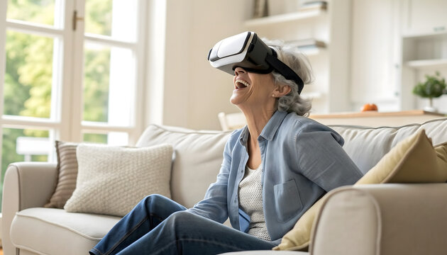 Immersive Virtual Experience: A senior woman in a modern living space is wearing VR headset, showcasing a blend of technology and leisure, exploring virtual realms with amusement and enthusiasm.