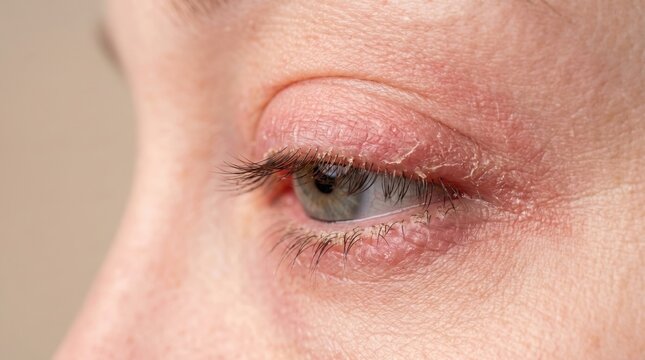 Side view of scaly eyelid skin affected by chronic blepharitis or seborrheic dermatitis