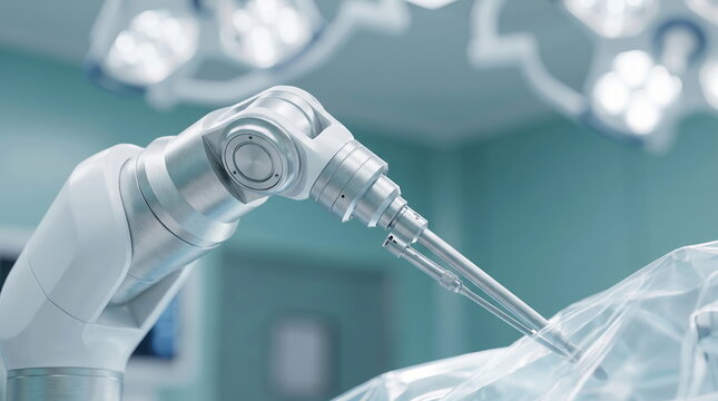 Surgical robot conducting intricate operation in sterile operating room for advanced medical procedures and innovation.