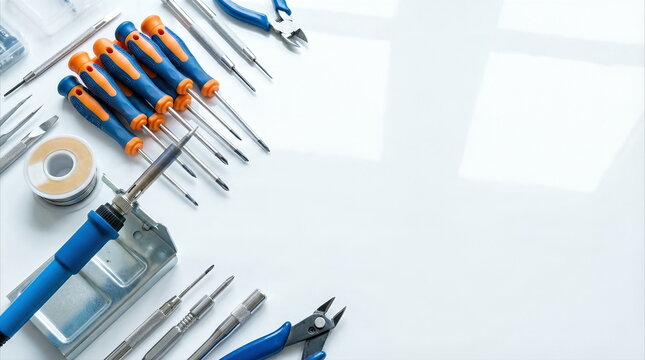 Electronics tools including soldering iron, screwdrivers, pliers, and solder wire, arranged on clean white surface for precision work and hardware repair.
