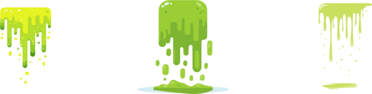 A vibrant green slime drips from the top of a rectangular shape, with scattered yellow droplets below, on a pure white background in a minimalist vector illustration style