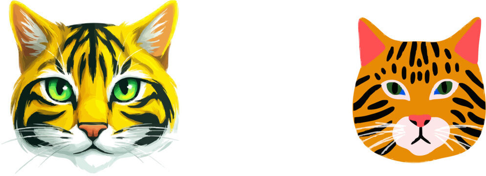 A stylized tabby cat face in vibrant vector illustration style, isolated on a pure white background with clean sharp edges and minimalist graphic design