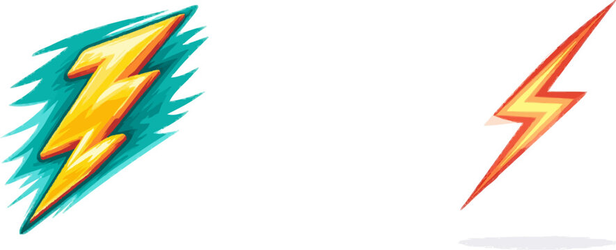 A stylized, vibrant lightning bolt in a flat vector illustration style, featuring bold colors and sharp edges, isolated on a pure white background