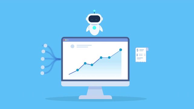 Minimal flat animation of a desktop monitor displaying a rising data chart with connected nodes, a robot assistant, and a report document icon, representing AI analytics, reporting, and data insights 